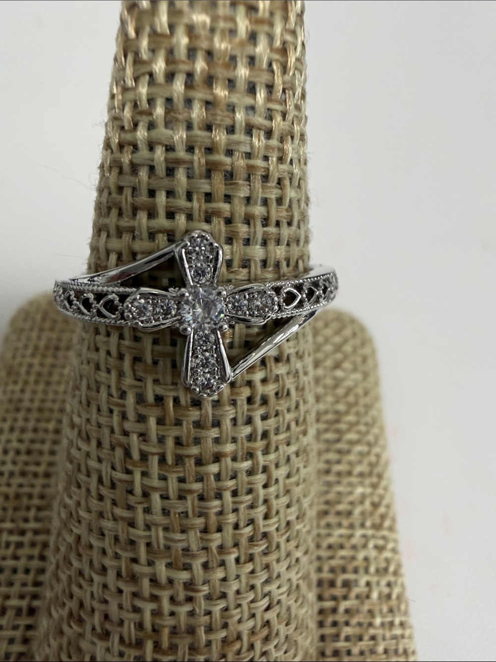 Sterling Silver Cross Accent Ring with Diamond chips -size 7.5
